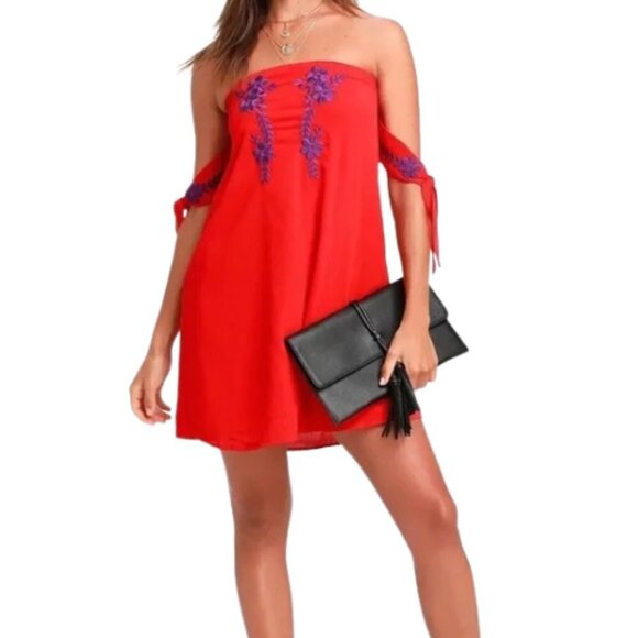Lulu’s Red Embroidered Off-the-Shoulder Mini Dress - Picture 1 of 6